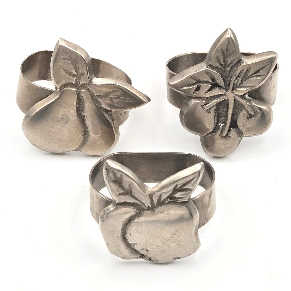 Vintage Fruit Napkin‎ Rings Set of 3 Silver Tone Metal Pear Apple Cherry Decor
